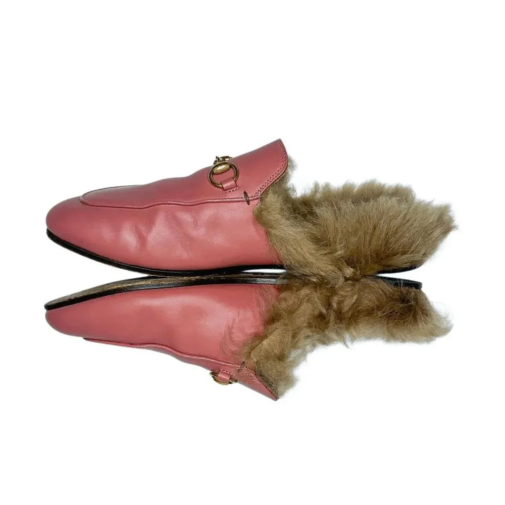Gucci Princetown Horsebit Fur Mules EU 37 Lipstick Rose Leather Flat Slippers